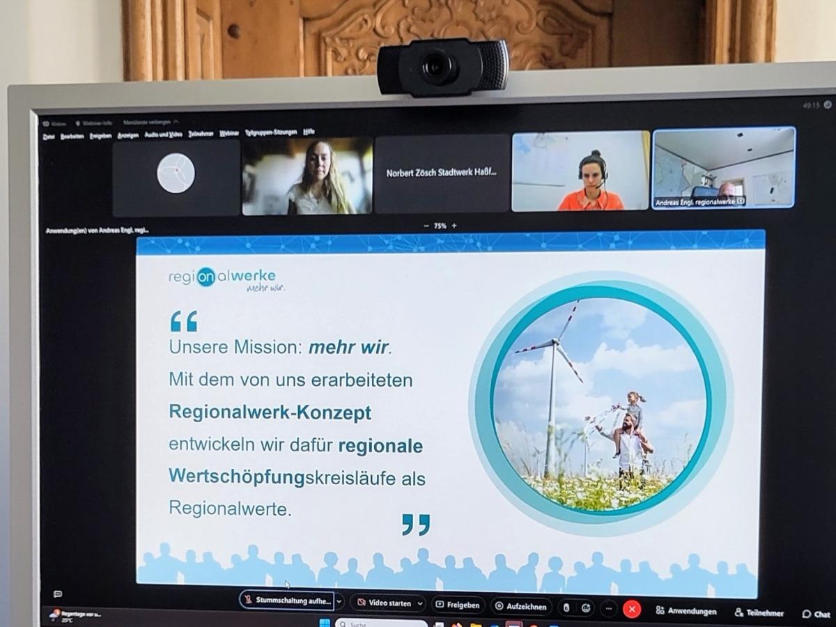 Auf einem Bildschirm sieht man das Online-Seminar zu interkommunalen Gemeindewerken