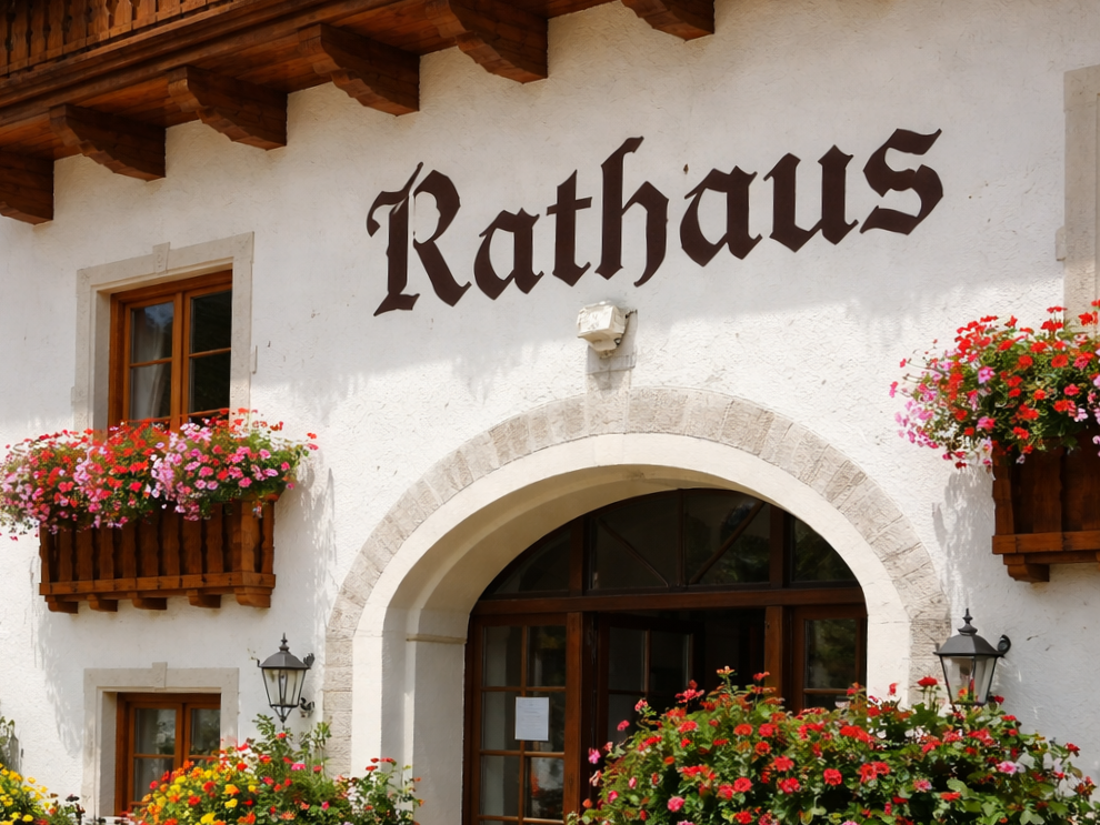 Rathauseingang mit Schriftzug